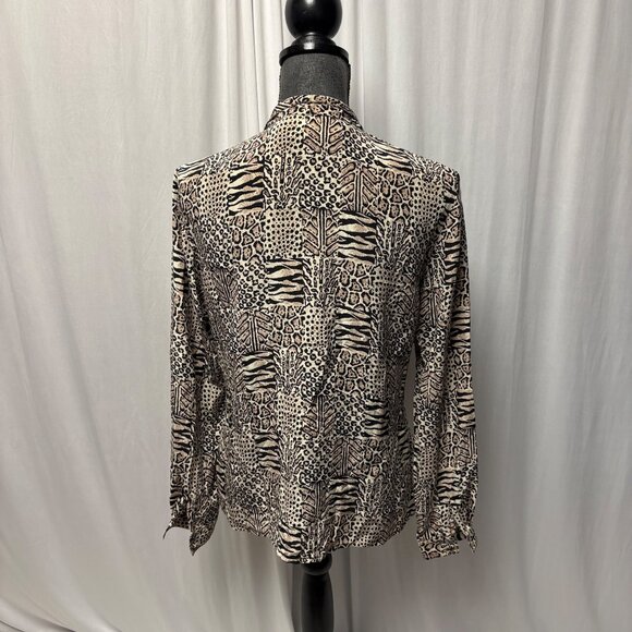 Jacqueline Ferrar Silk Blouse Womens Size 6 Animal Print Button-Up Brown Black - Picture 4 of 8